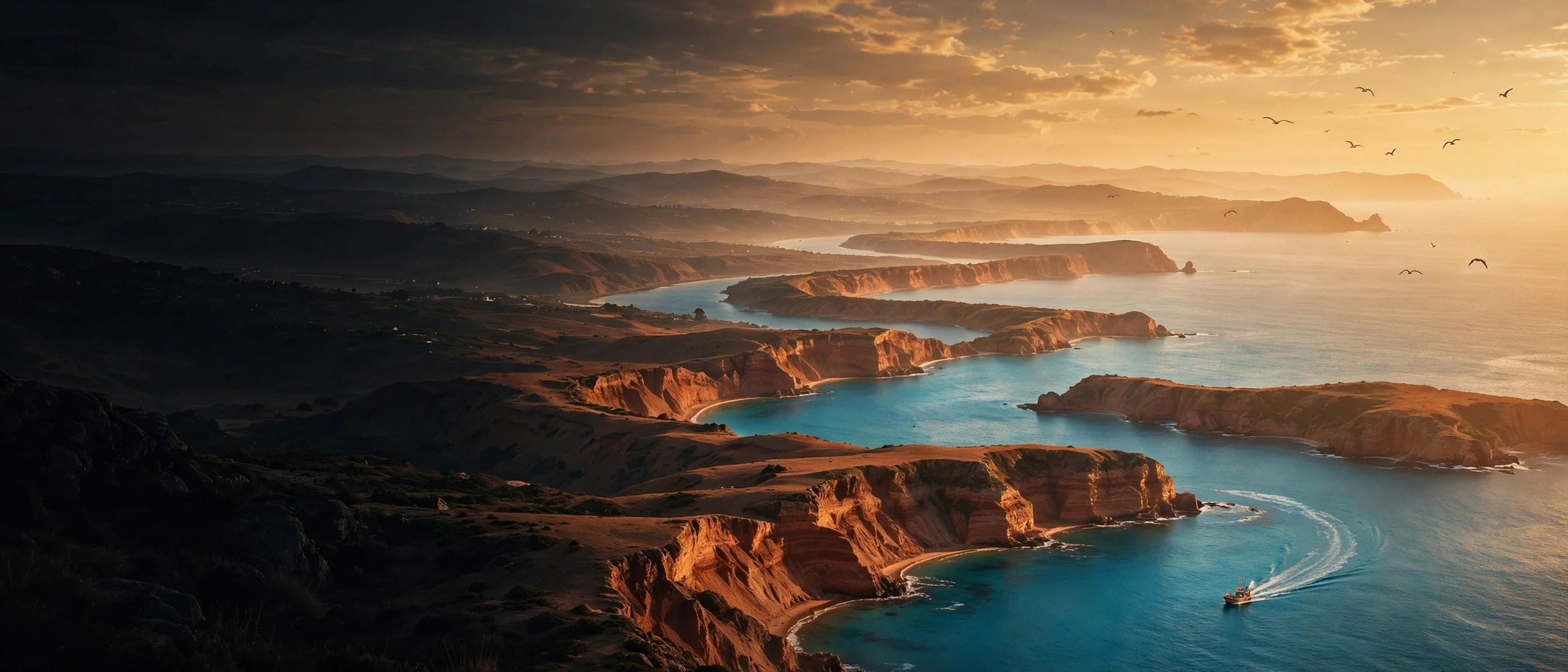 Golden-hour coastline with terracotta cliffs, turquoise coves, and a small boat trailing a white wake