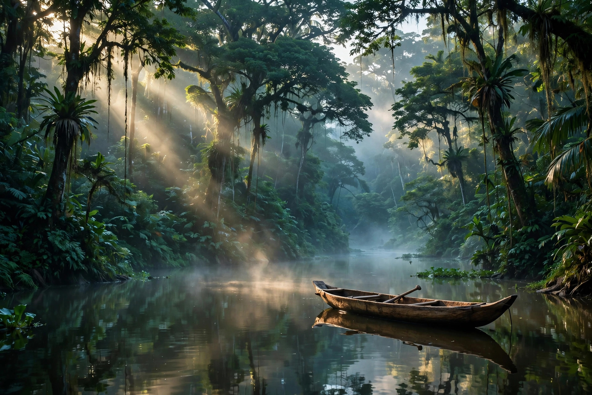 Dugout canoe on the Napo river at dawn