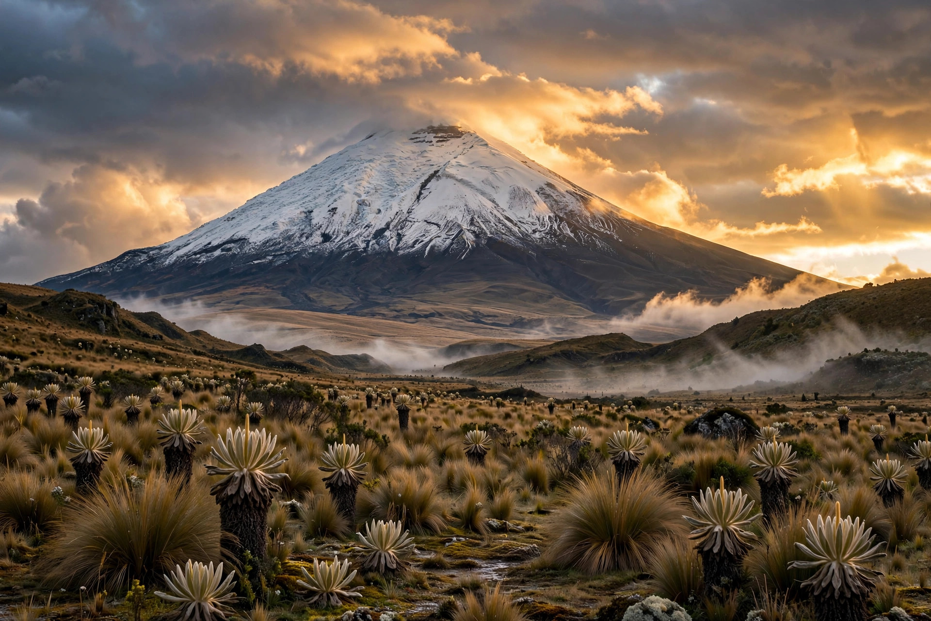 Cotopaxi volcano over the highland páramo at golden hour