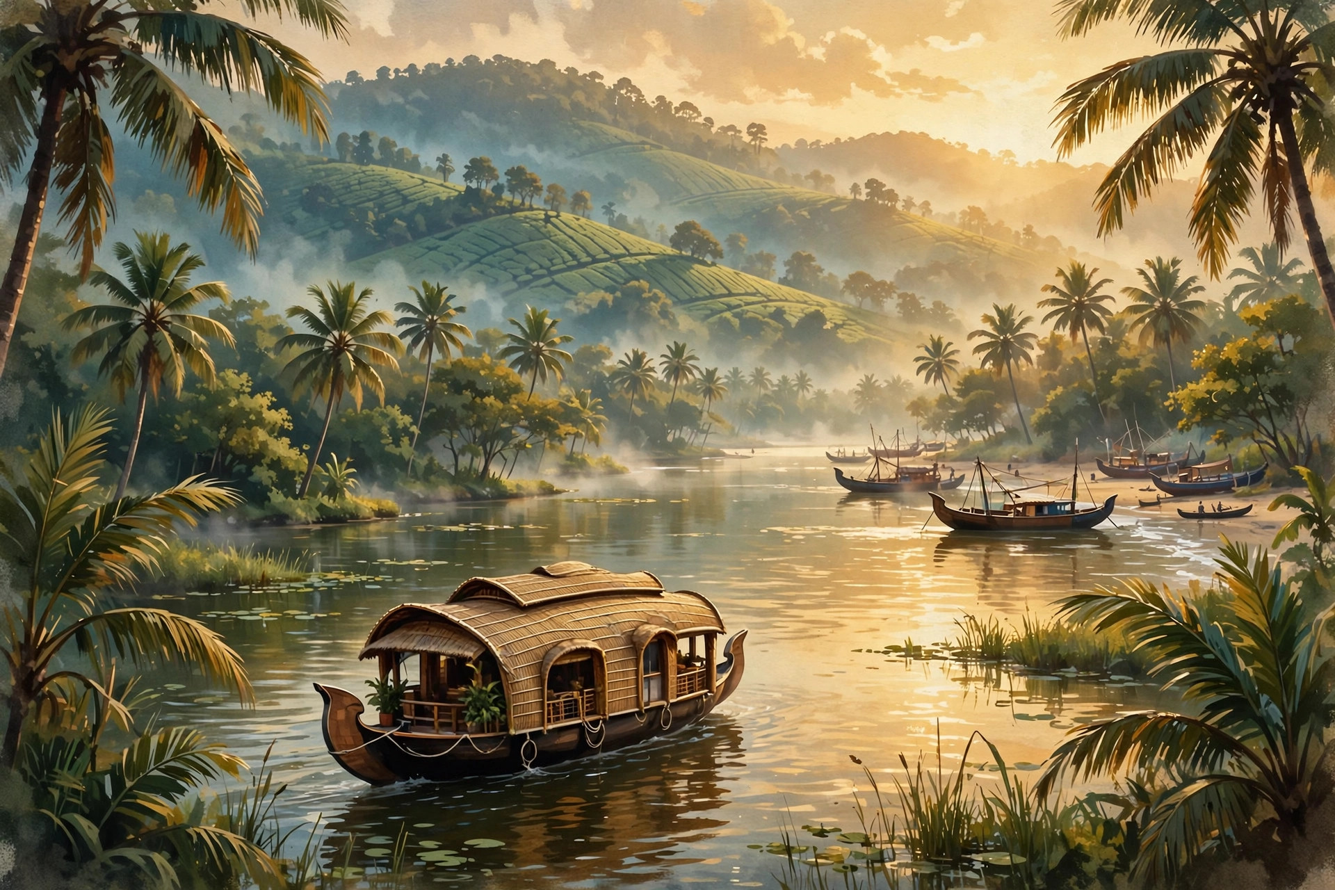 Houseboat on the Kerala backwaters at golden hour with tea hills behind