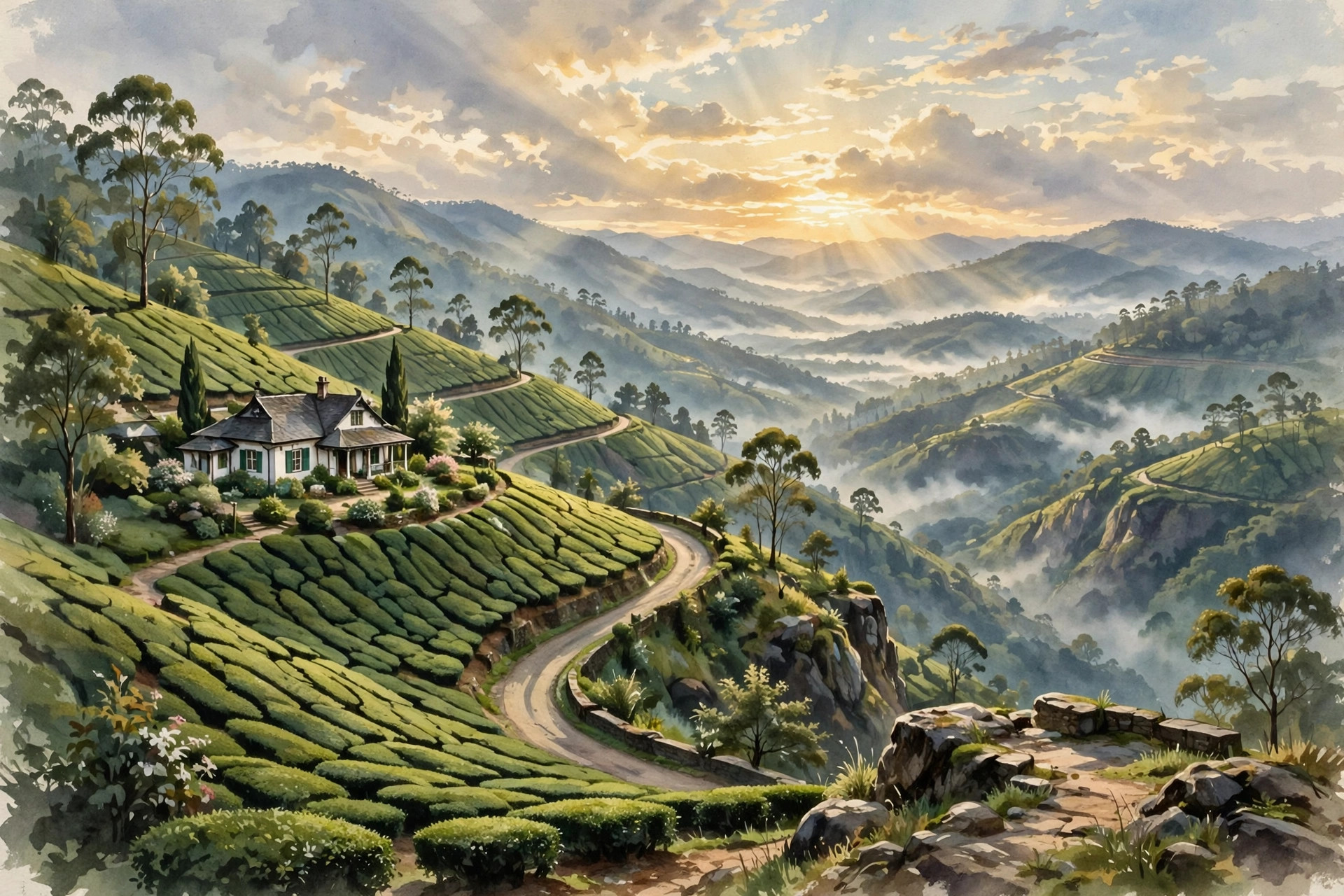 First light over the tea gardens above Munnar.