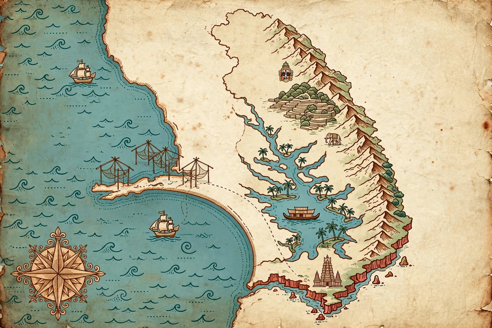 Illustrated treasure map of Kerala with clickable cities