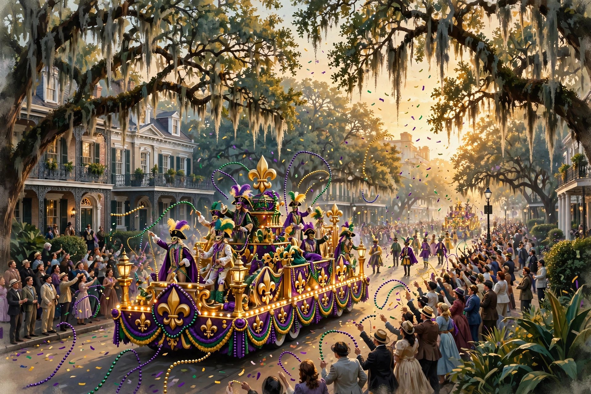 Mardi Gras parade with throws in the air