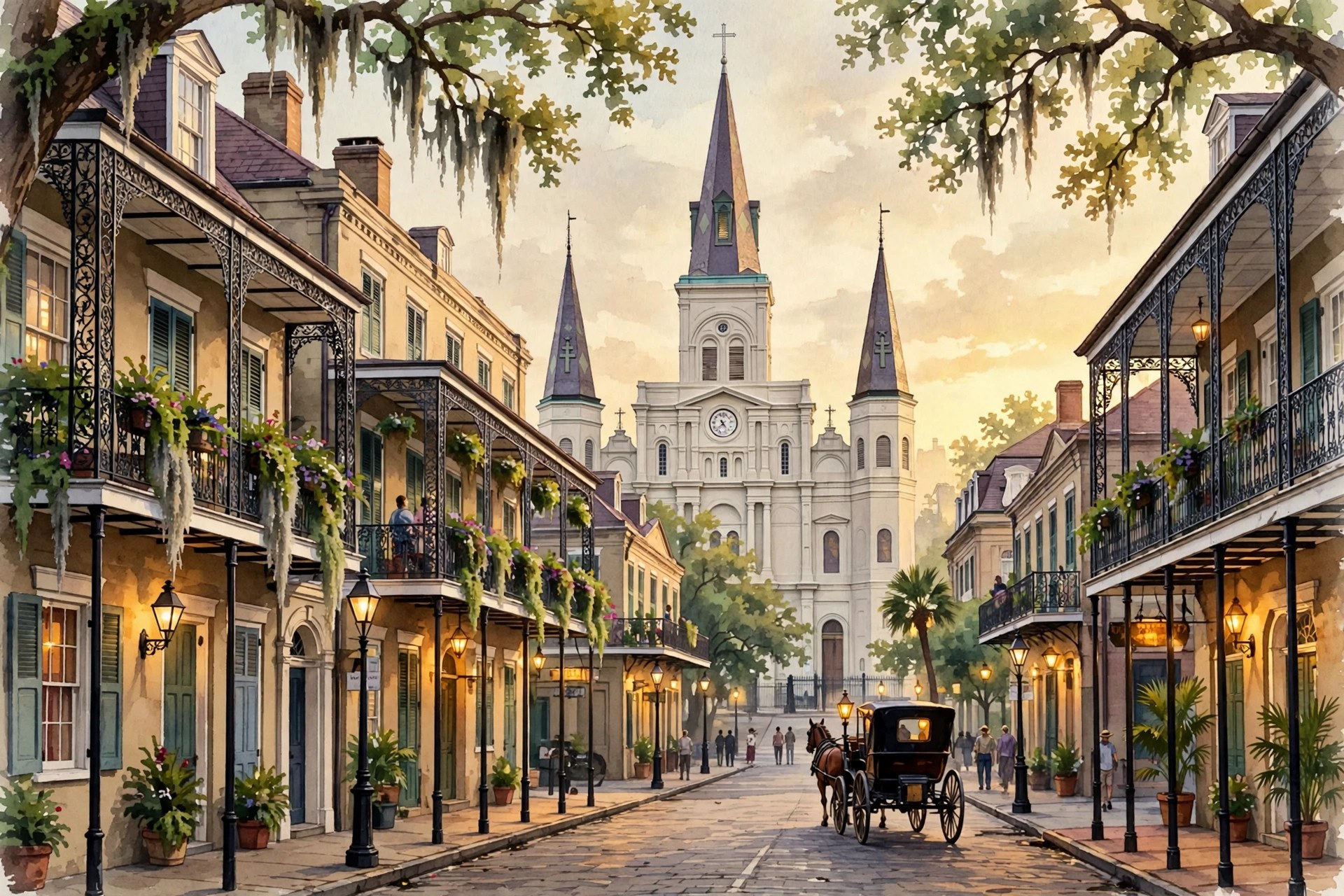French Quarter at golden hour: St. Louis Cathedral spires, iron balconies, gas lamps