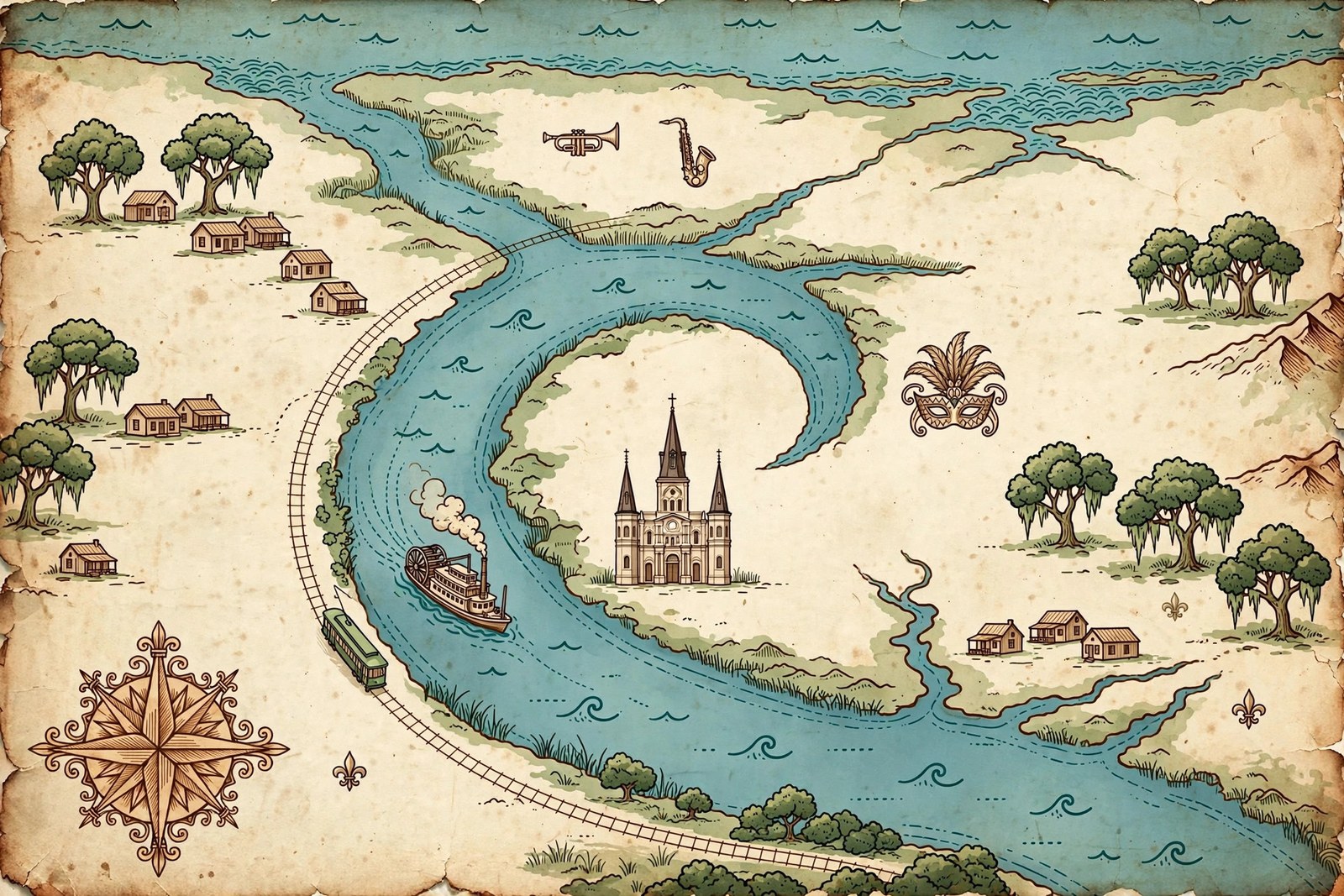Illustrated treasure map of New Orleans with clickable cities
